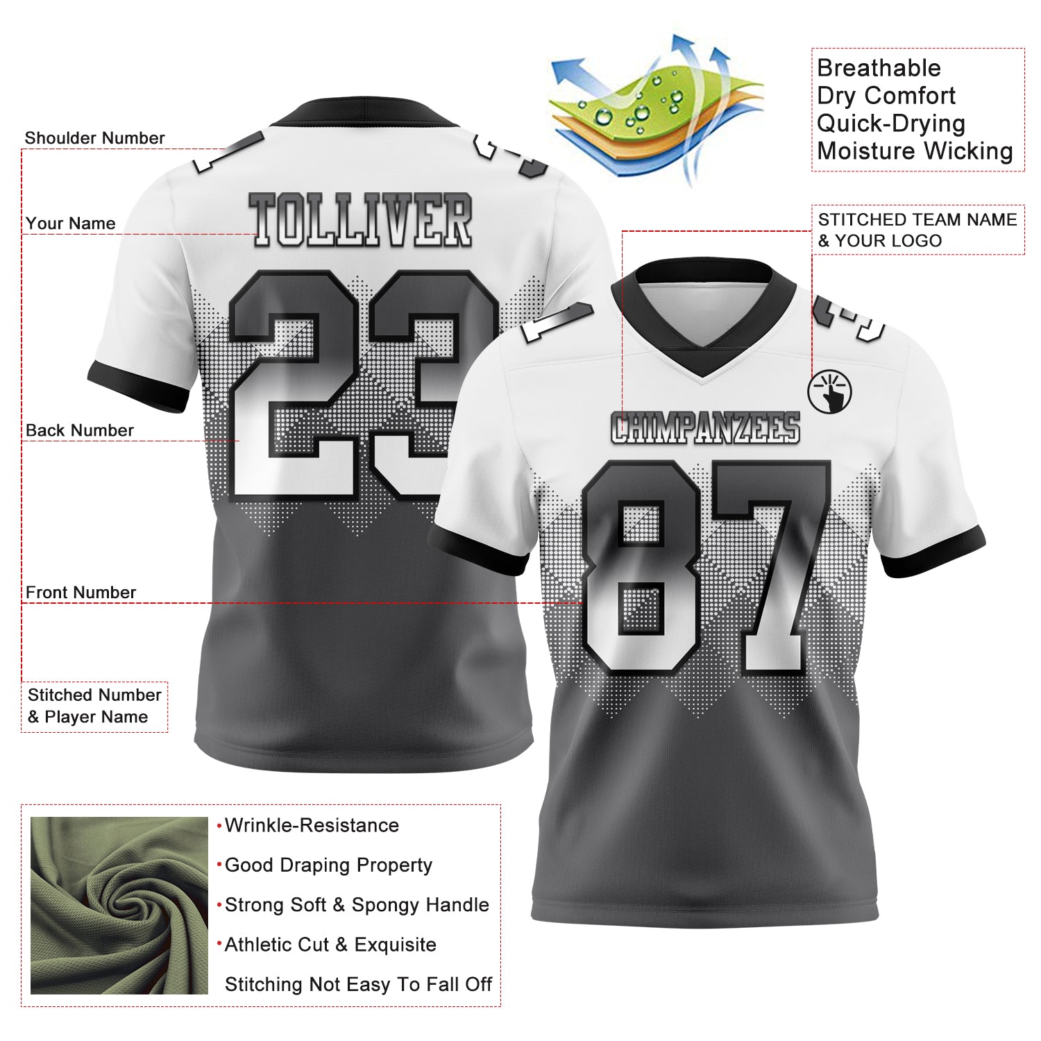 Custom White Steel Gray-Black Authentic Gradient Square Shape Flag Football Jersey