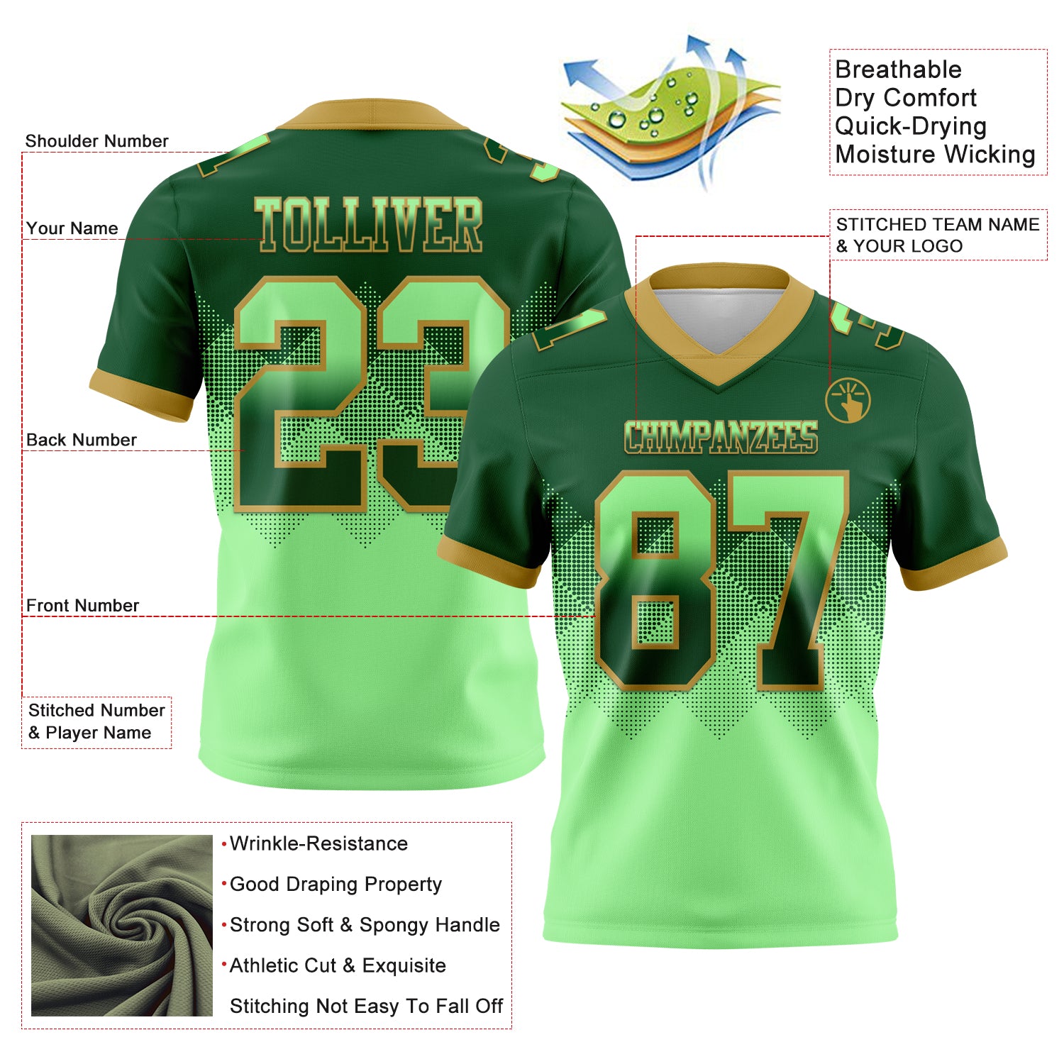 Custom Green Pea Green-Old Gold Authentic Gradient Square Shape Flag Football Jersey