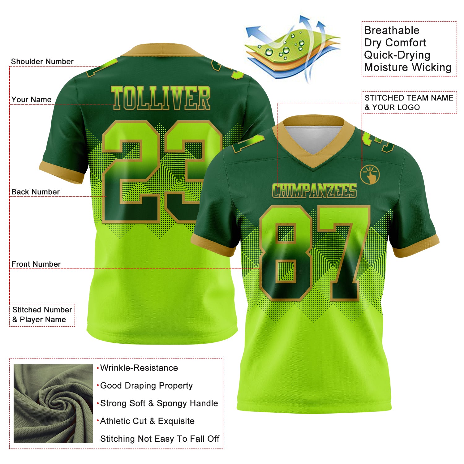Custom Green Neon Green-Old Gold Authentic Gradient Square Shape Flag Football Jersey