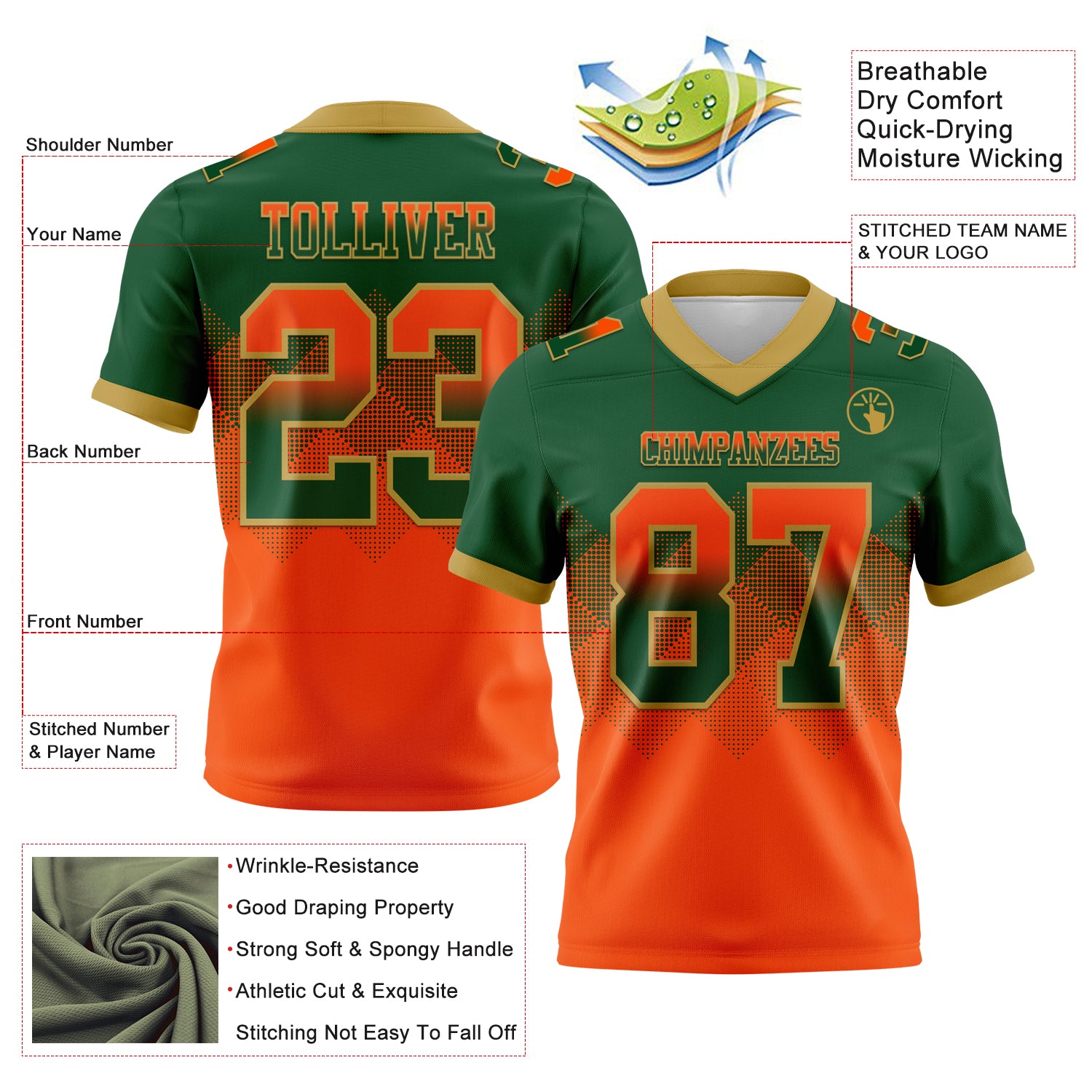 Custom Green Orange-Old Gold Authentic Gradient Square Shape Flag Football Jersey