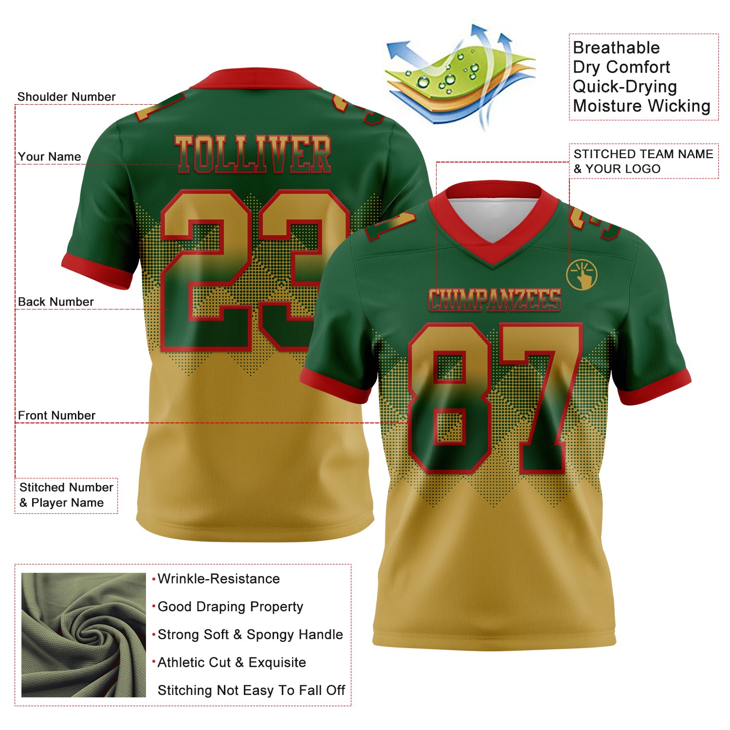 Custom Green Old Gold-Red Authentic Gradient Square Shape Flag Football Jersey