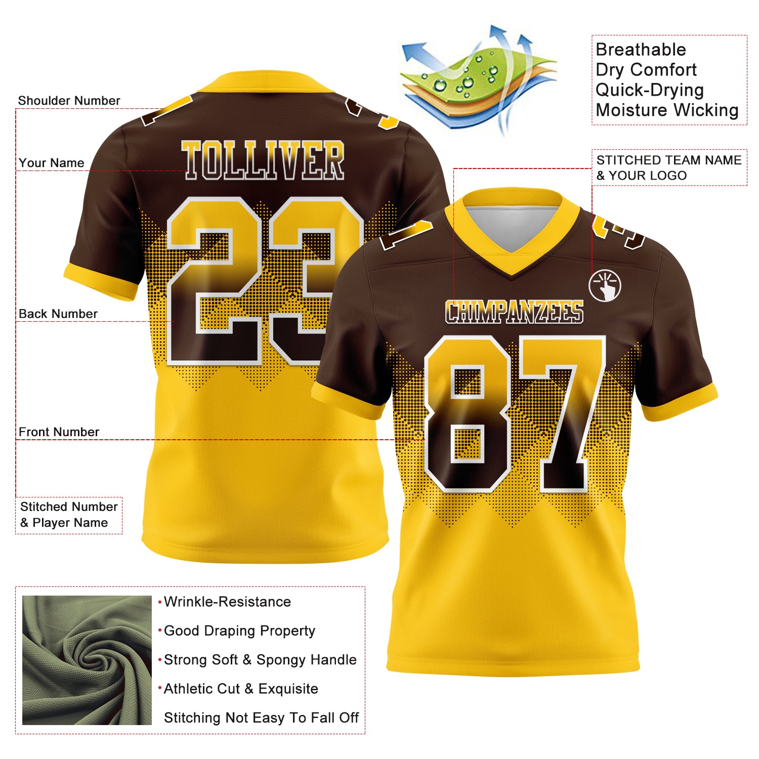 Custom Brown Yellow-White Authentic Gradient Square Shape Flag Football Jersey