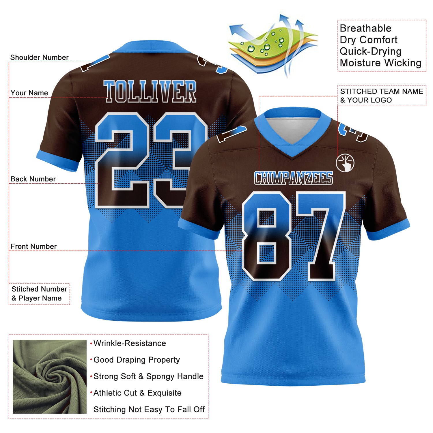 Custom Brown Powder Blue-White Authentic Gradient Square Shape Flag Football Jersey