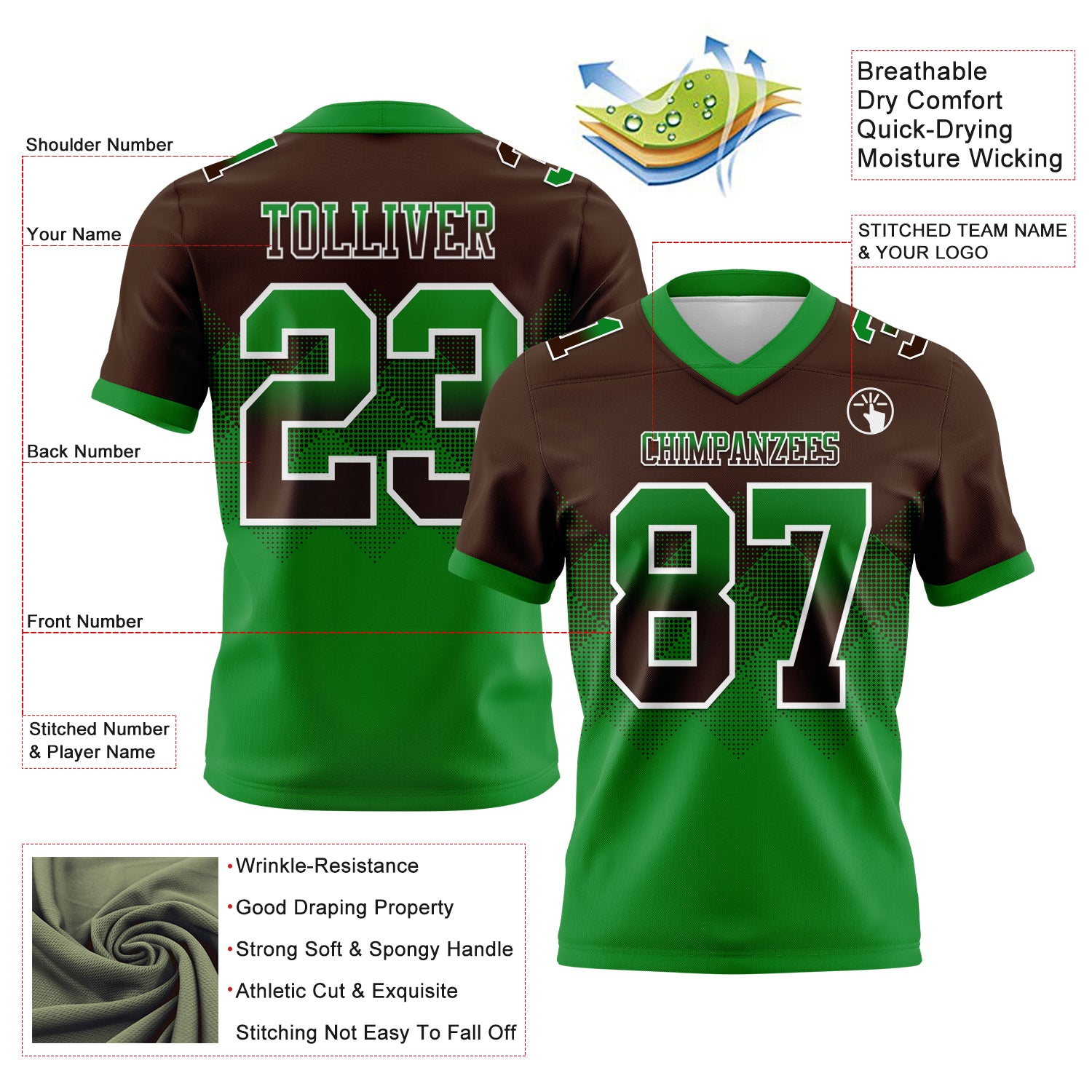 Custom Brown Grass Green-White Authentic Gradient Square Shape Flag Football Jersey
