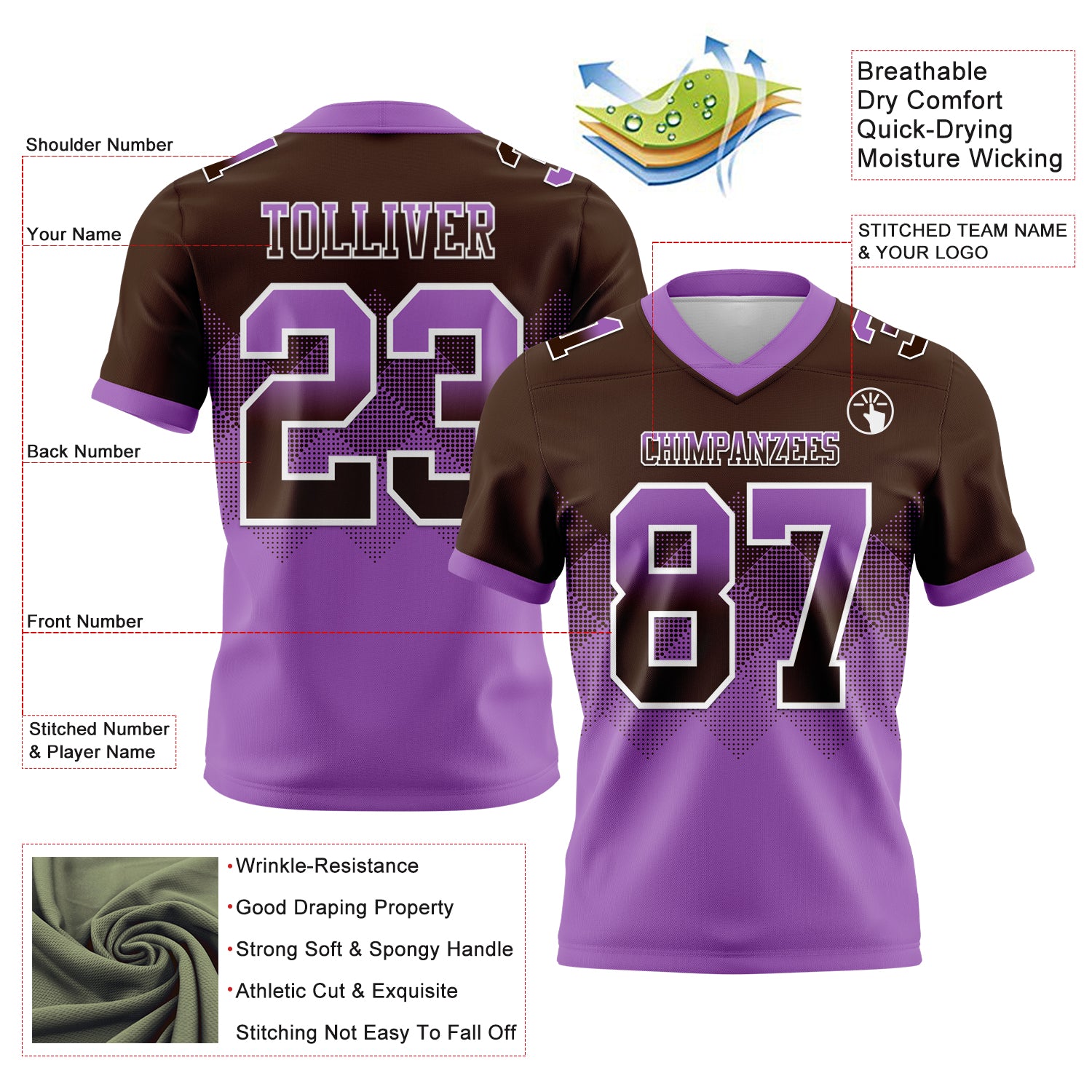Custom Brown Medium Purple-White Authentic Gradient Square Shape Flag Football Jersey
