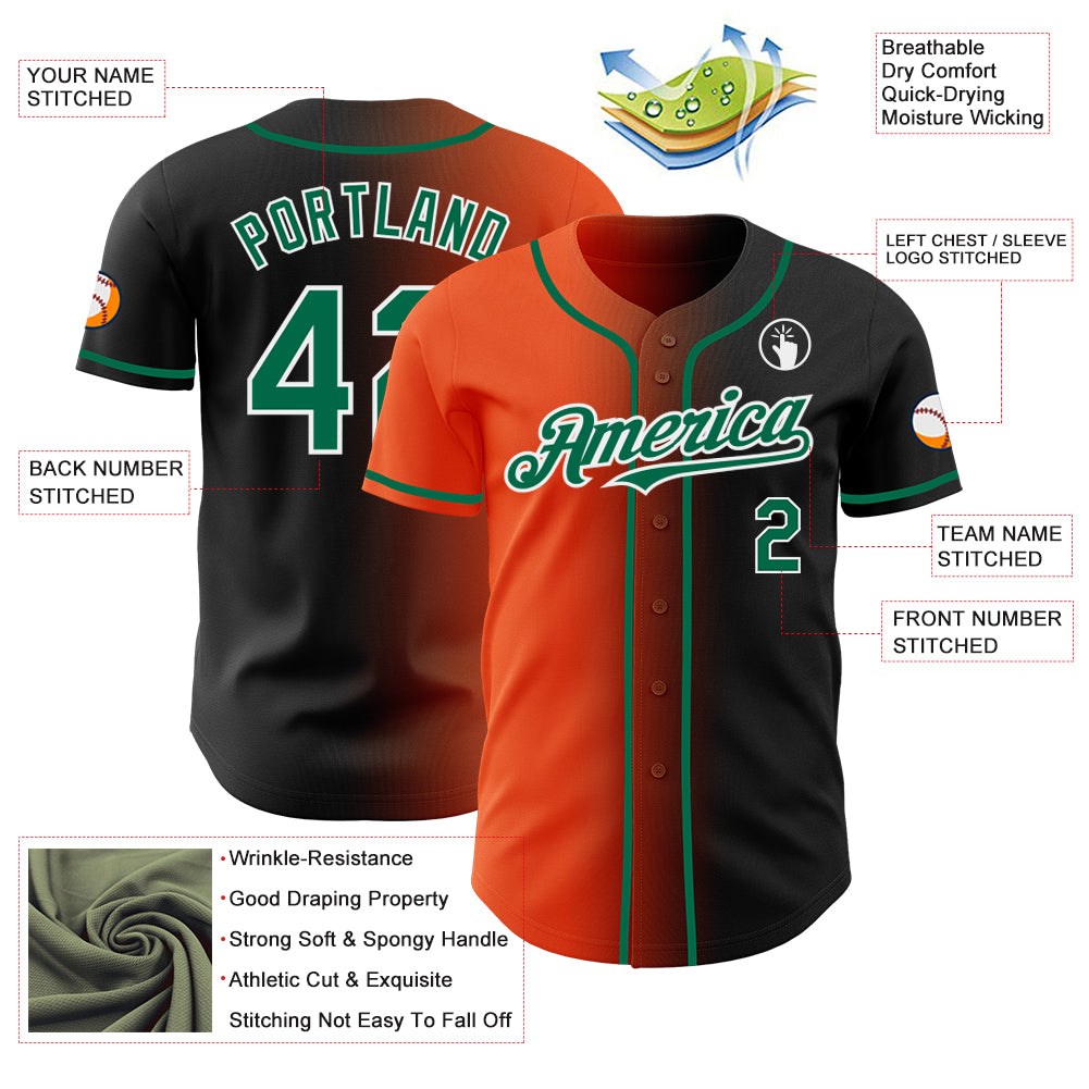 Custom Black Kelly Green Orange-White Authentic Gradient Fashion Baseball Jersey
