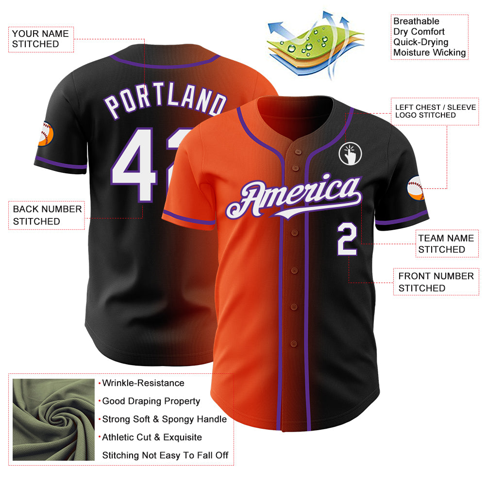 Custom Black White Orange-Purple Authentic Gradient Fashion Baseball Jersey