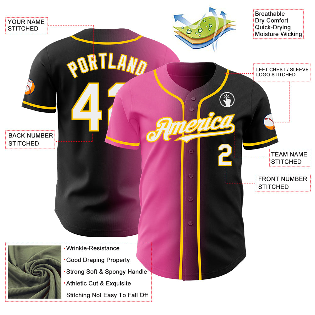 Custom Black White Pink-Yellow Authentic Gradient Fashion Baseball Jersey