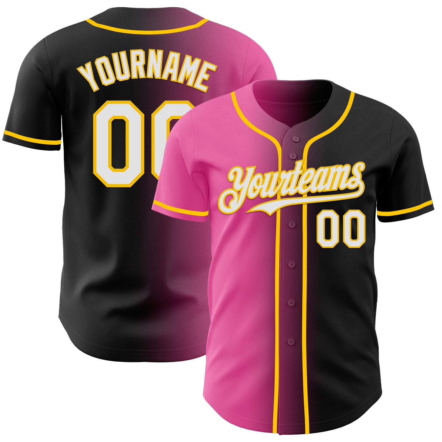 Custom Black White Pink-Yellow Authentic Gradient Fashion Baseball Jersey