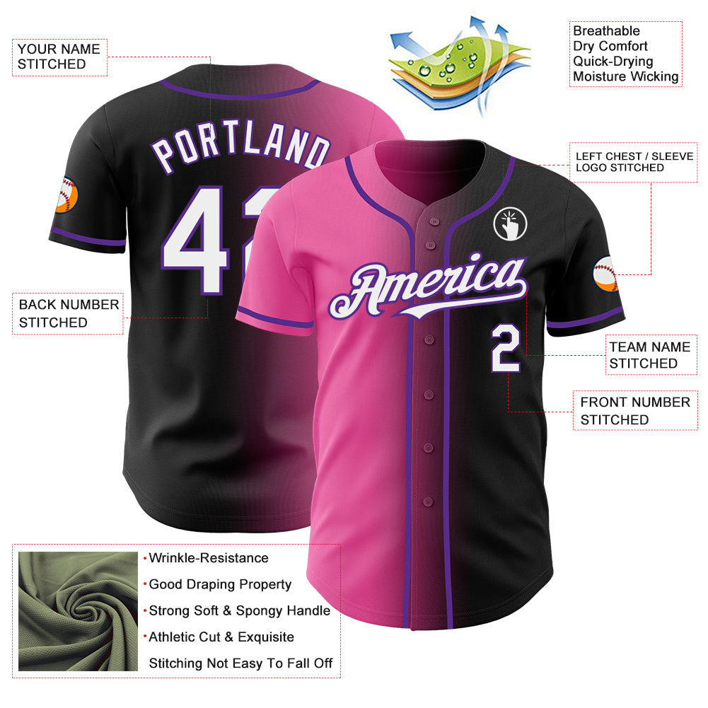 Custom Black White Pink-Purple Authentic Gradient Fashion Baseball Jersey