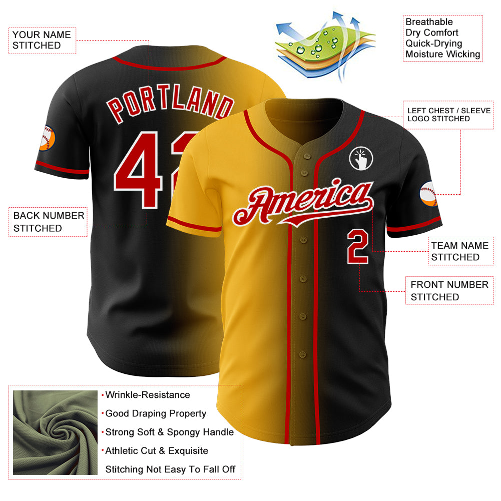 Custom Black Red Gold-White Authentic Gradient Fashion Baseball Jersey