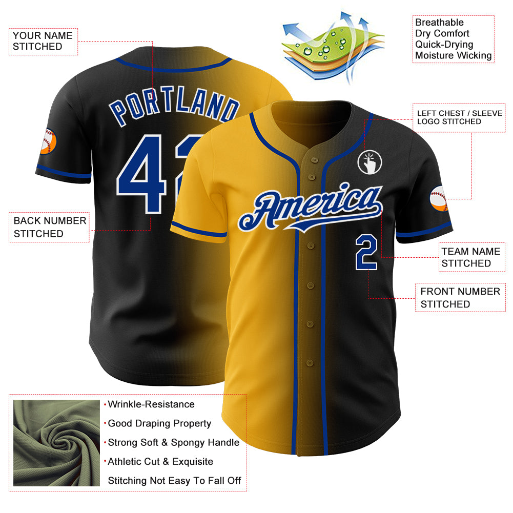 Custom Black Royal Gold-White Authentic Gradient Fashion Baseball Jersey