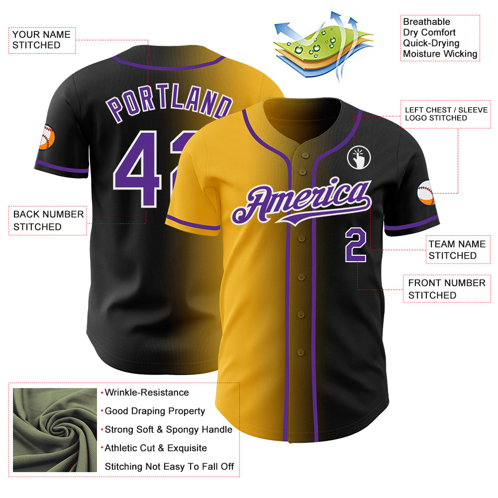 Custom Black Purple Gold-White Authentic Gradient Fashion Baseball Jersey