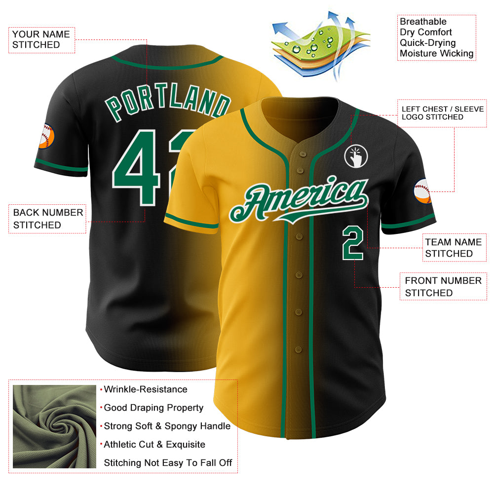Custom Black Kelly Green Gold-White Authentic Gradient Fashion Baseball Jersey