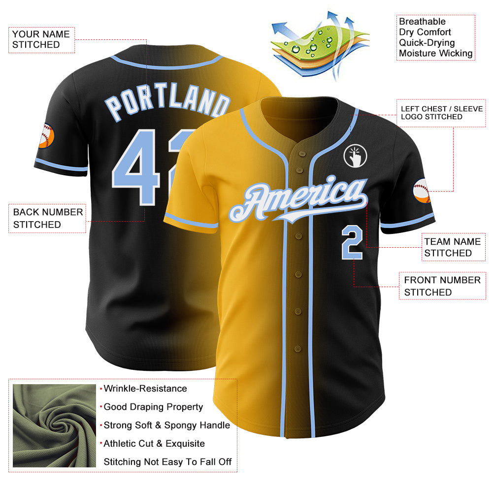 Custom Black Light Blue Gold-White Authentic Gradient Fashion Baseball Jersey