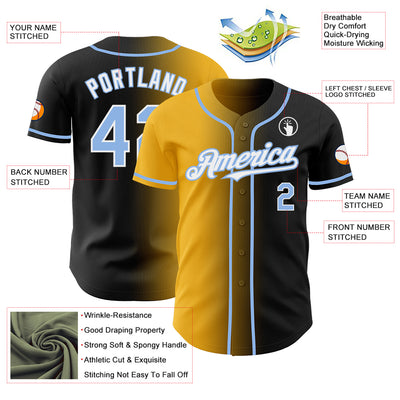 Custom Black Light Blue Gold-White Authentic Gradient Fashion Baseball Jersey