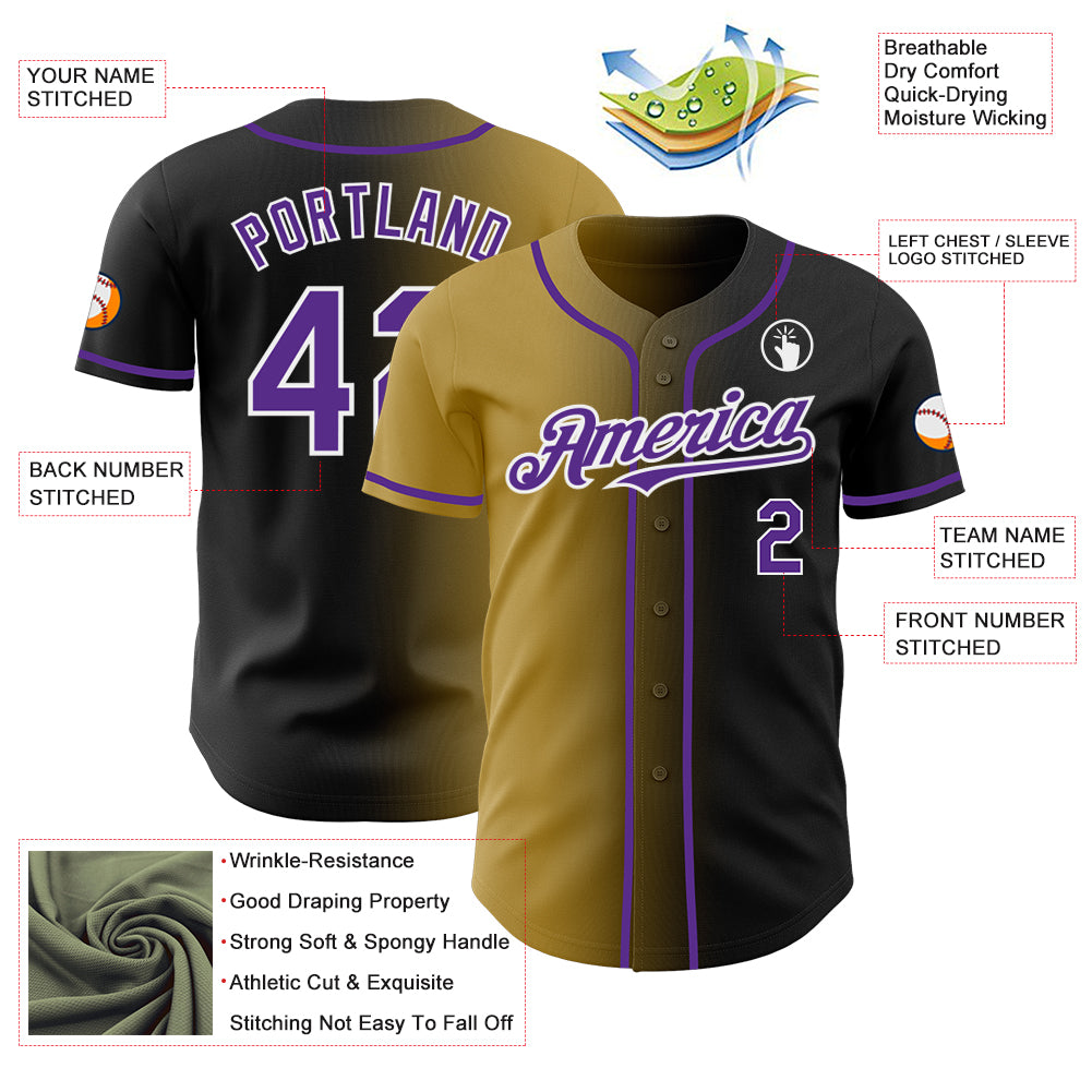 Custom Black Purple Old Gold-White Authentic Gradient Fashion Baseball Jersey