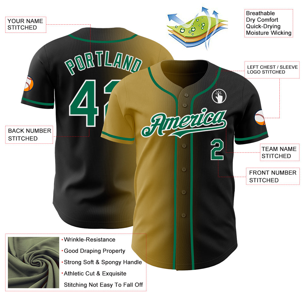 Custom Black Kelly Green Old Gold-White Authentic Gradient Fashion Baseball Jersey