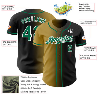 Custom Black Kelly Green Old Gold-White Authentic Gradient Fashion Baseball Jersey