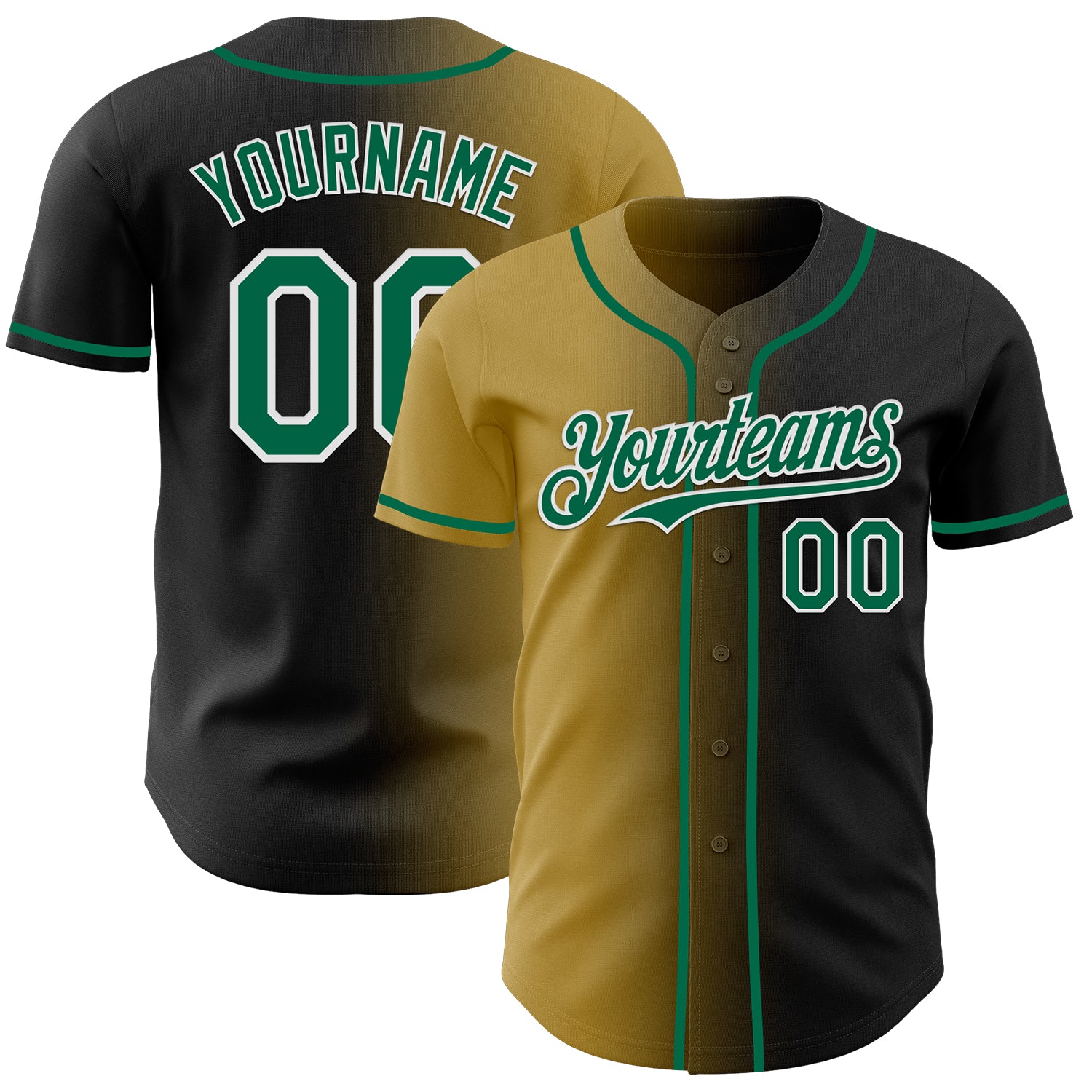 Custom Black Kelly Green Old Gold-White Authentic Gradient Fashion Baseball Jersey