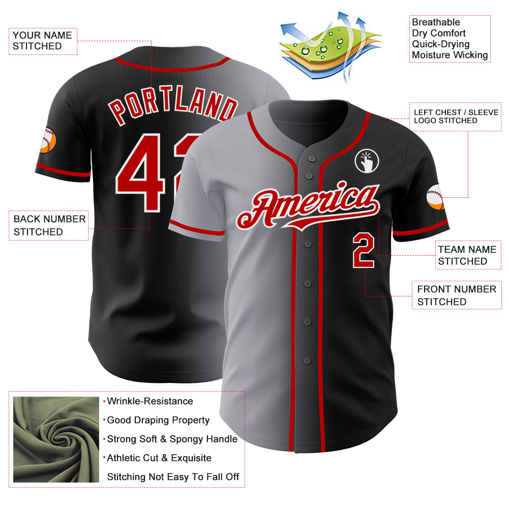 Custom Black Red Gray-White Authentic Gradient Fashion Baseball Jersey