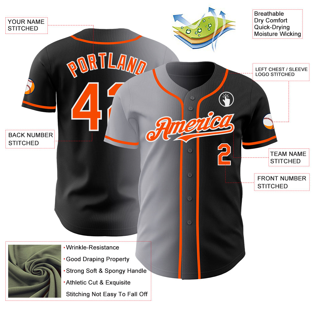 Custom Black Orange Gray-White Authentic Gradient Fashion Baseball Jersey