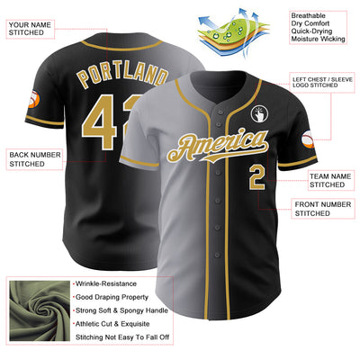 Custom Black Old Gold Gray-White Authentic Gradient Fashion Baseball Jersey