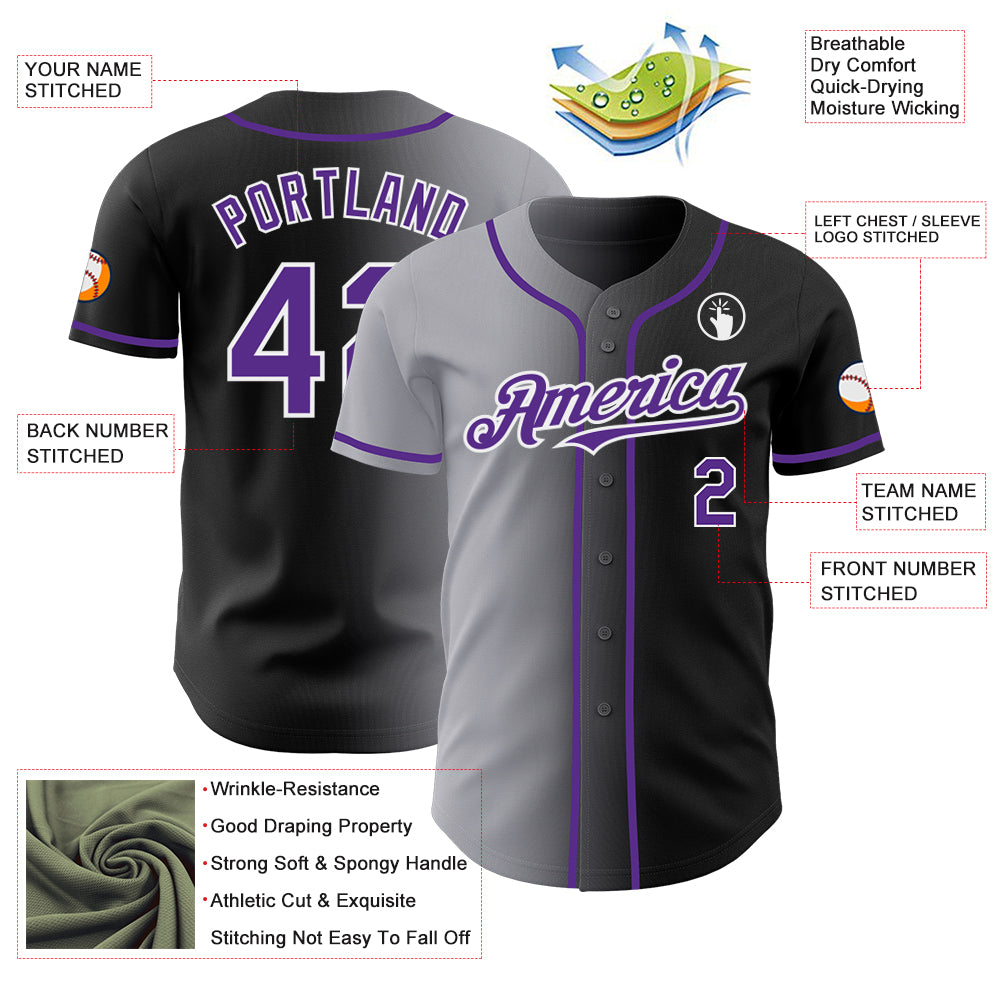Custom Black Purple Gray-White Authentic Gradient Fashion Baseball Jersey