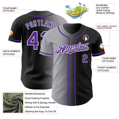 Custom Black Purple Gray-White Authentic Gradient Fashion Baseball Jersey