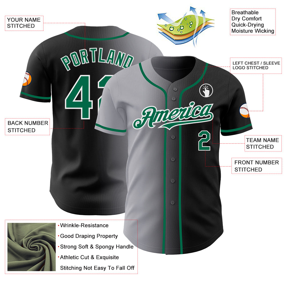 Custom Black Kelly Green Gray-White Authentic Gradient Fashion Baseball Jersey