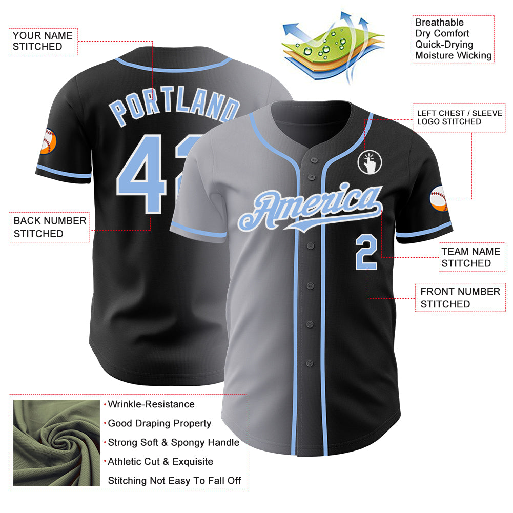 Custom Black Light Blue Gray-White Authentic Gradient Fashion Baseball Jersey