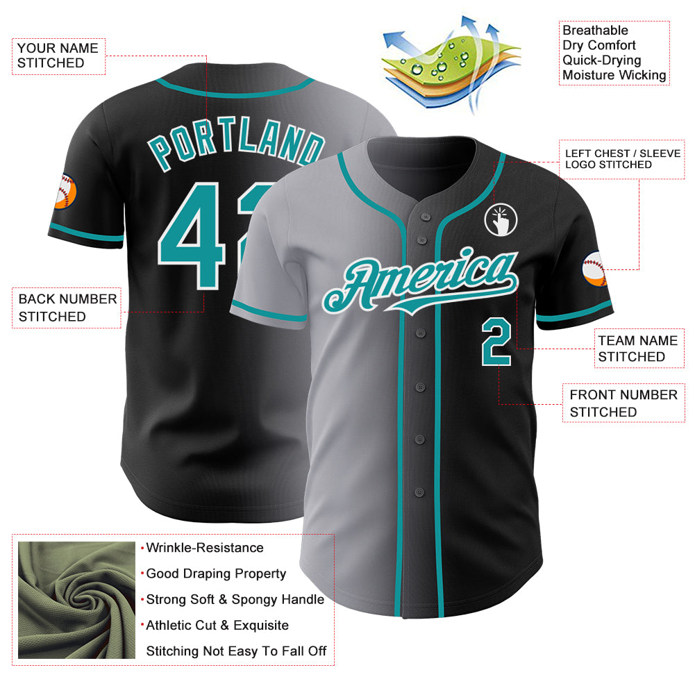Custom Black Teal Gray-White Authentic Gradient Fashion Baseball Jersey