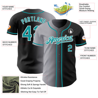 Custom Black Teal Gray-White Authentic Gradient Fashion Baseball Jersey