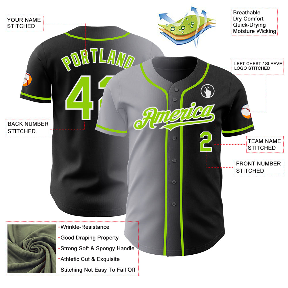 Custom Black Neon Green Gray-White Authentic Gradient Fashion Baseball Jersey