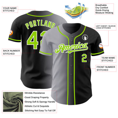 Custom Black Neon Green Gray-White Authentic Gradient Fashion Baseball Jersey