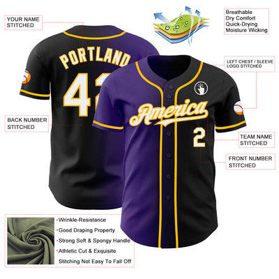 Custom Black White Purple-Gold Authentic Gradient Fashion Baseball Jersey