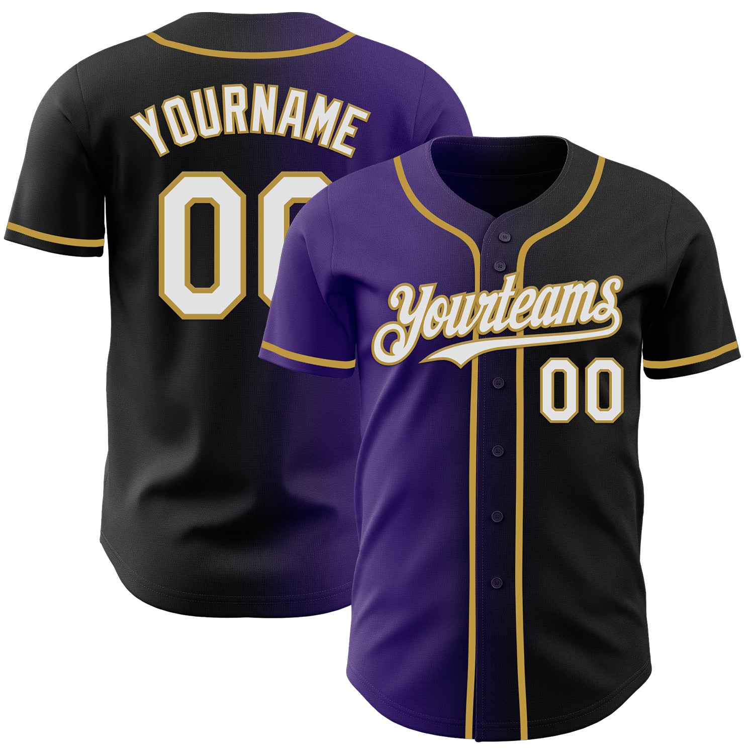 Custom Black White Purple-Old Gold Authentic Gradient Fashion Baseball Jersey