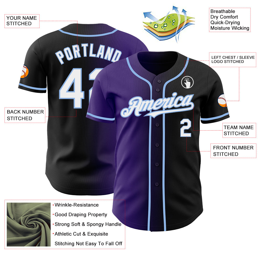 Custom Black White Purple-Light Blue Authentic Gradient Fashion Baseball Jersey