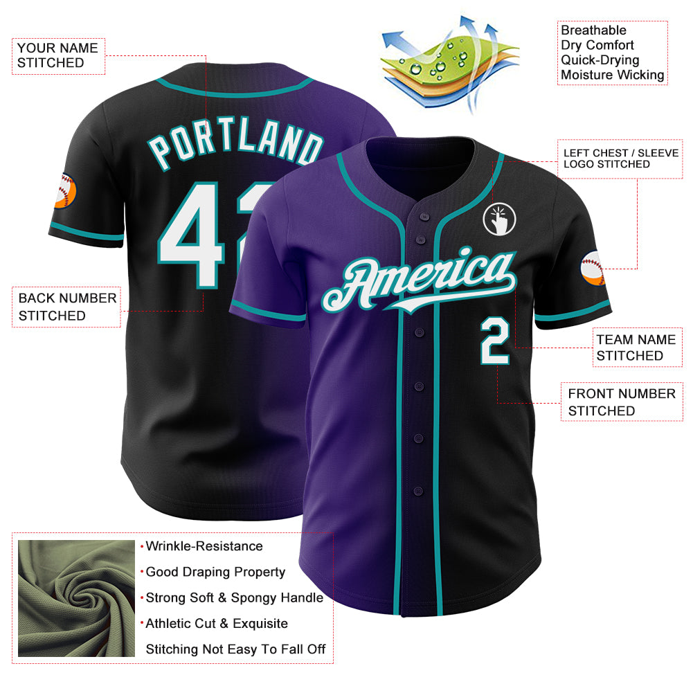 Custom Black White Purple-Teal Authentic Gradient Fashion Baseball Jersey