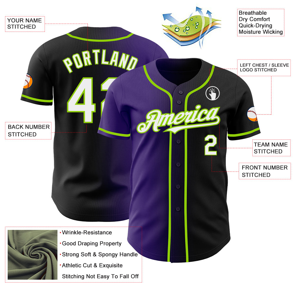 Custom Black White Purple-Neon Green Authentic Gradient Fashion Baseball Jersey