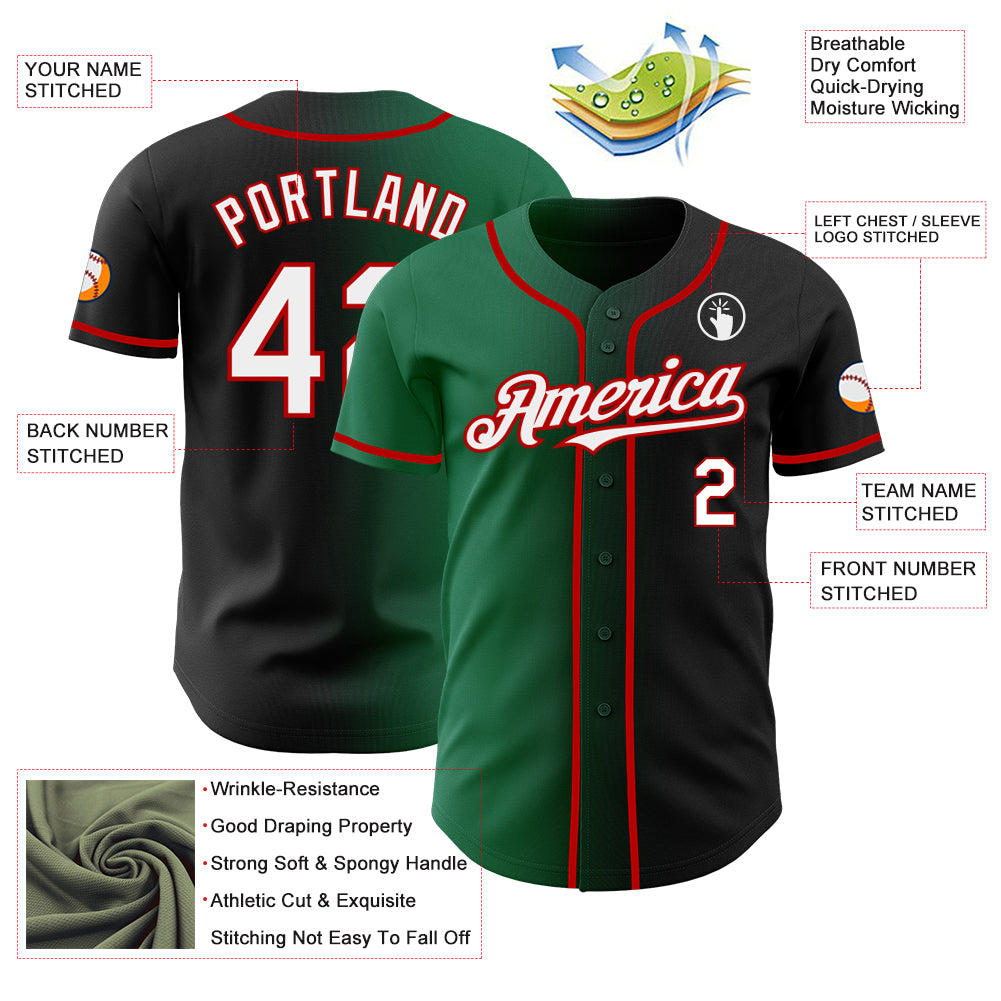 Custom Black White Kelly Green-Red Authentic Gradient Fashion Baseball Jersey