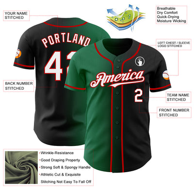 Custom Black White Kelly Green-Red Authentic Gradient Fashion Baseball Jersey