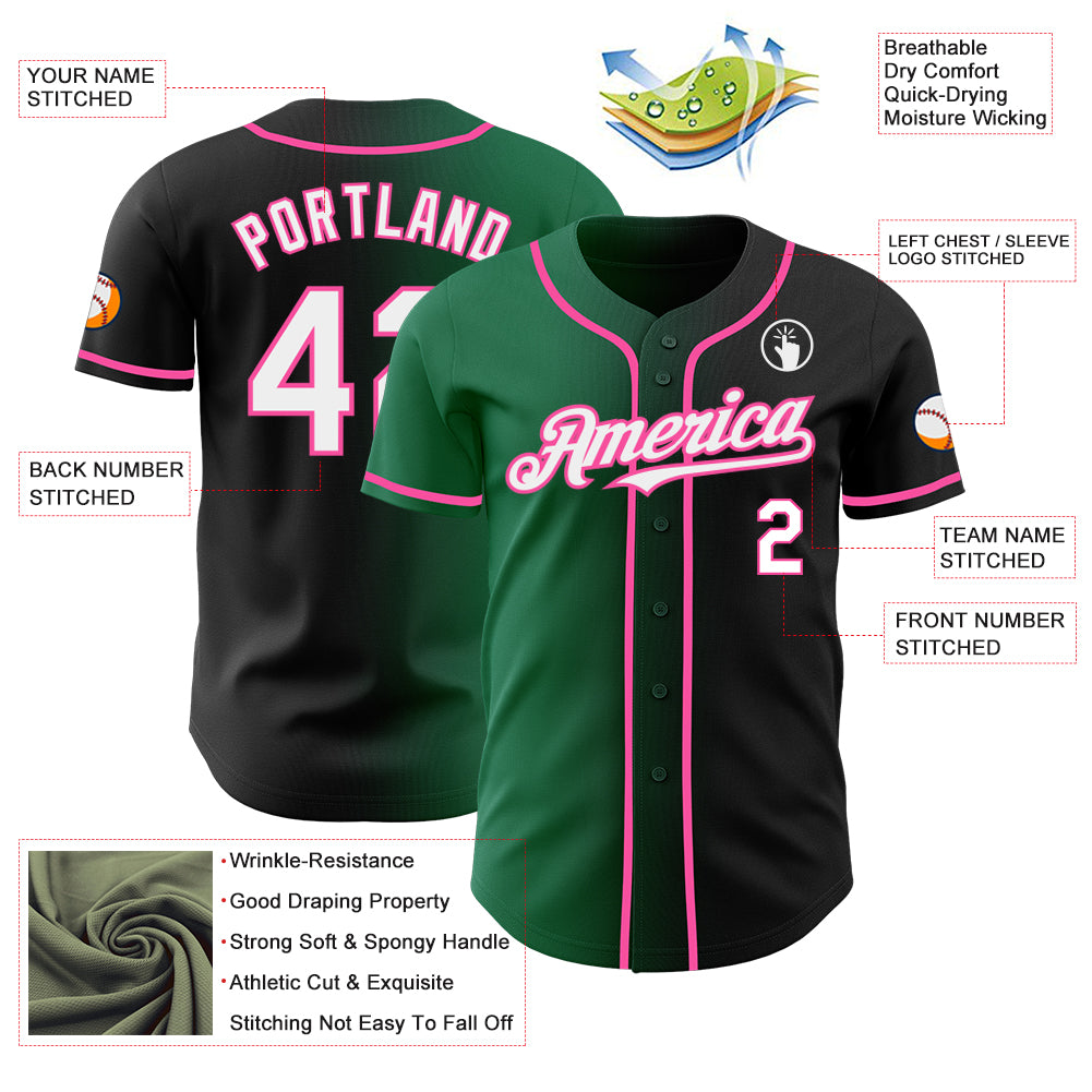 Custom Black White Kelly Green-Pink Authentic Gradient Fashion Baseball Jersey