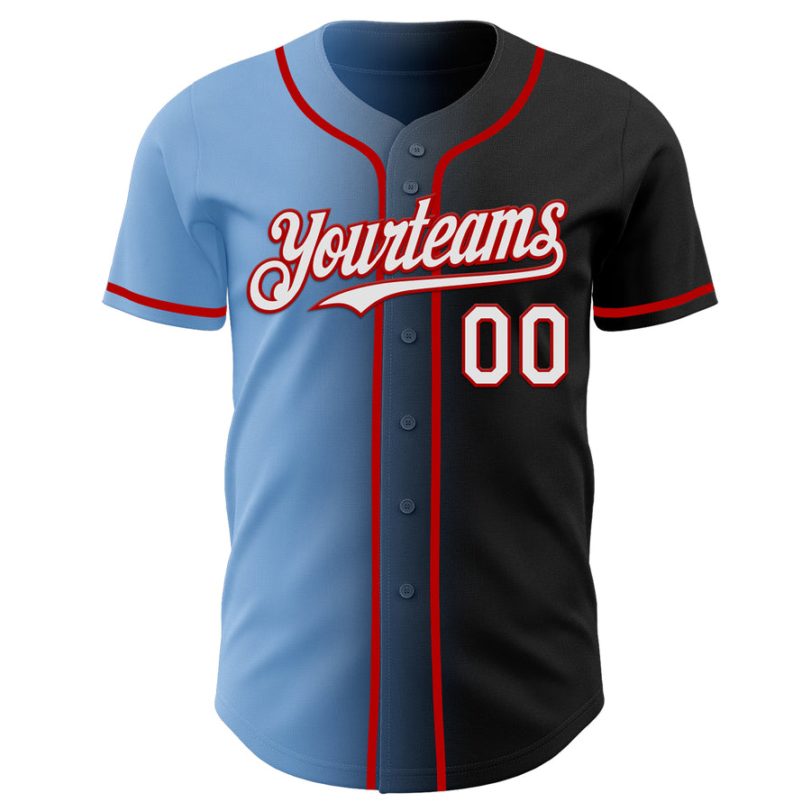 Custom Black White Light Blue-Red Authentic Gradient Fashion Baseball Jersey