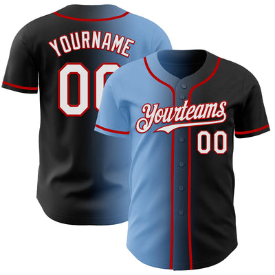 Custom Black White Light Blue-Red Authentic Gradient Fashion Baseball Jersey