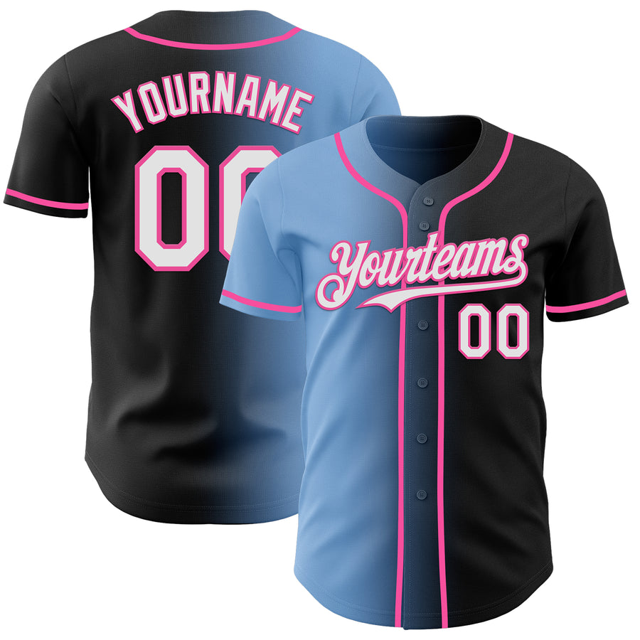 Custom Black White Light Blue-Pink Authentic Gradient Fashion Baseball Jersey