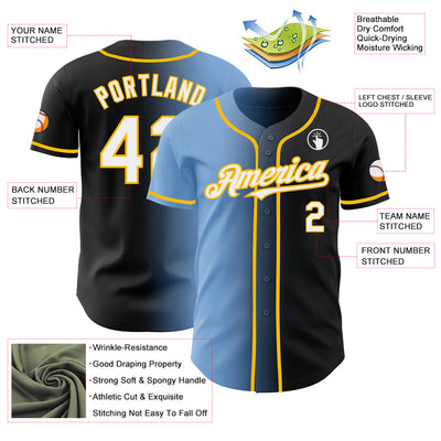 Custom Black White Light Blue-Gold Authentic Gradient Fashion Baseball Jersey