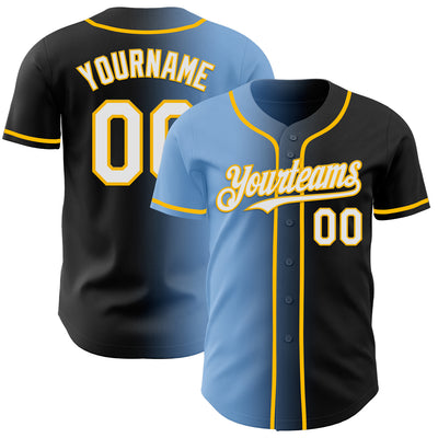 Custom Black White Light Blue-Gold Authentic Gradient Fashion Baseball Jersey
