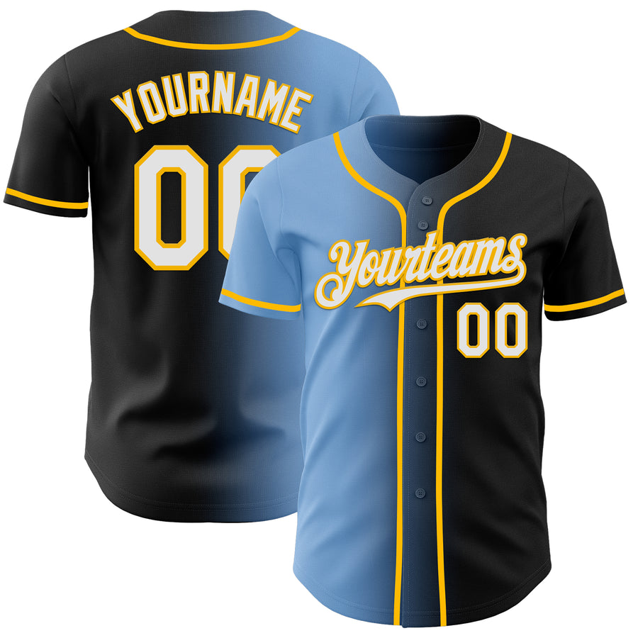 Custom Black White Light Blue-Gold Authentic Gradient Fashion Baseball Jersey