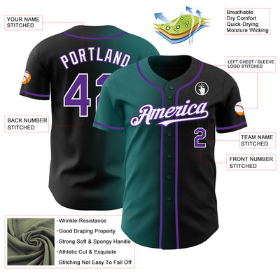 Custom Black Purple Teal-White Authentic Gradient Fashion Baseball Jersey